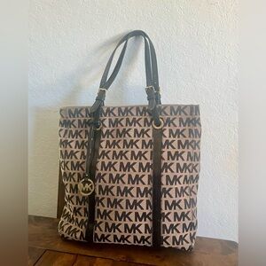 Michael Kors Signature Monogram Tote in Brown and Black